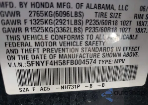 2015 Honda Pilot Ex-L from USA, damaged, VIN 5FNYF4H58FB004574